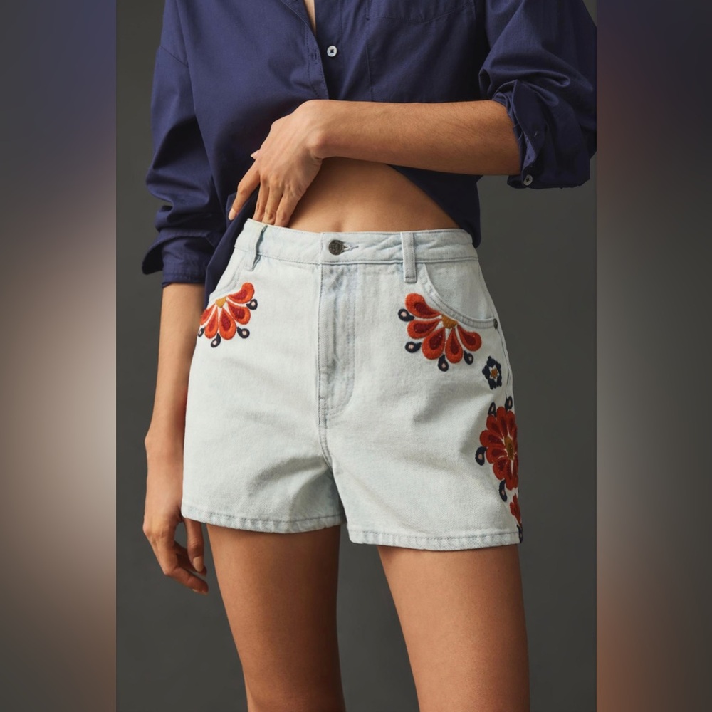 Farm Rio Anthropologie Embroidered Denim Shorts Size L
